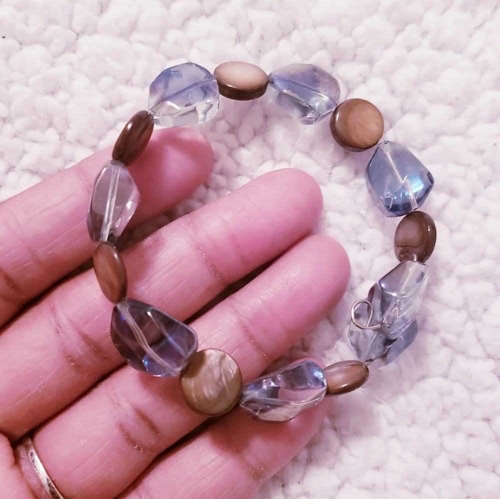 Blue and Brown Beaded Memory Wire Cuff Bracelet. - Picture 1 of 5